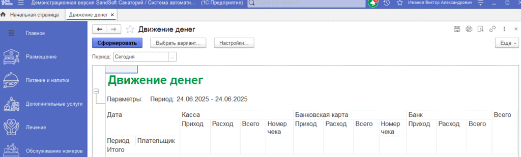 Движение денег в санатории