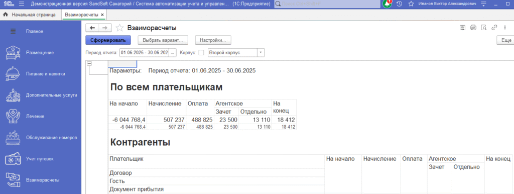 Взаиморасчеты с гостями санатория
